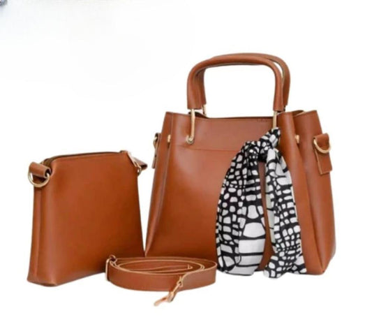 Stylish Women's PU Leather Hand Bag Set - 2 Pcs in Brown
