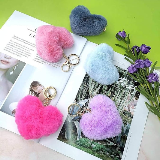 01 Pcs Heart Fluffy Fur Ball Pom Pom Keychain – Keychains For Girls – Key-chain For Bags – Keychain For Pouch – Heart Keychain | Random Color