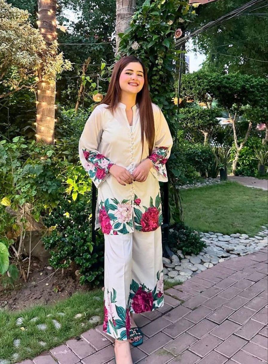 2 Pcs Women's Stitched Printed Silk Shirt And Trouser