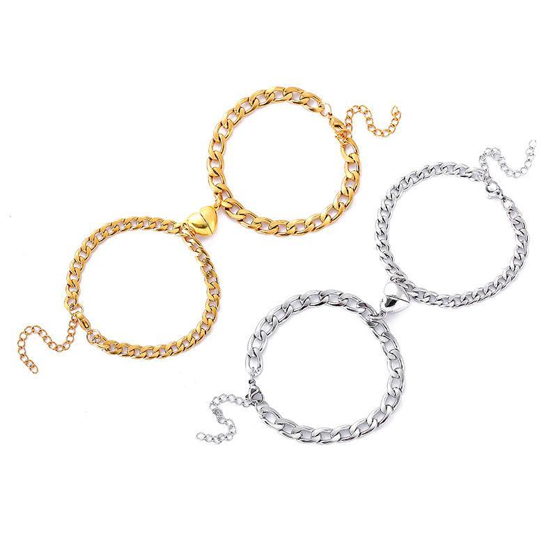 Silver & Gold-Plated  Magnet Heart Design Couple's Bracelet- 2 Pcs