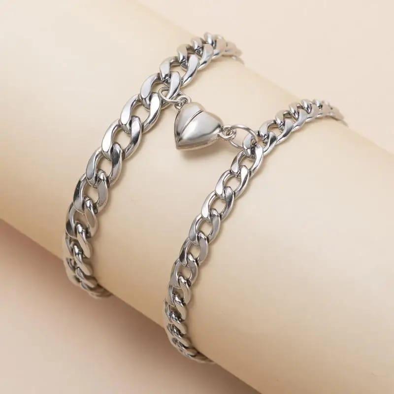 Silver & Gold-Plated  Magnet Heart Design Couple's Bracelet- 2 Pcs