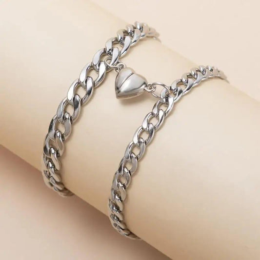 Silver & Gold-Plated  Magnet Heart Design Couple's Bracelet- 2 Pcs