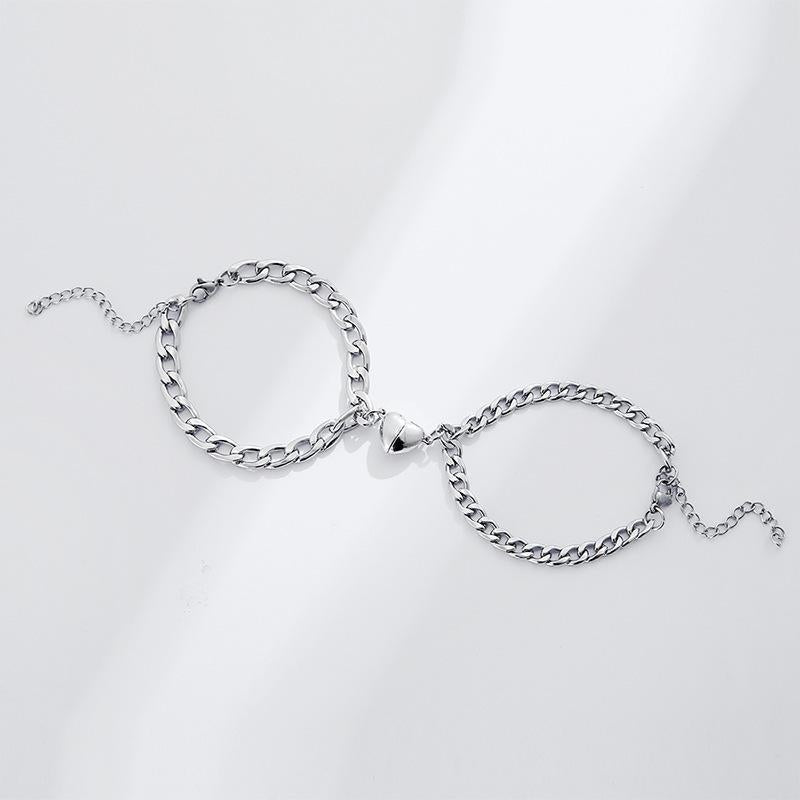 Silver & Gold-Plated  Magnet Heart Design Couple's Bracelet- 2 Pcs