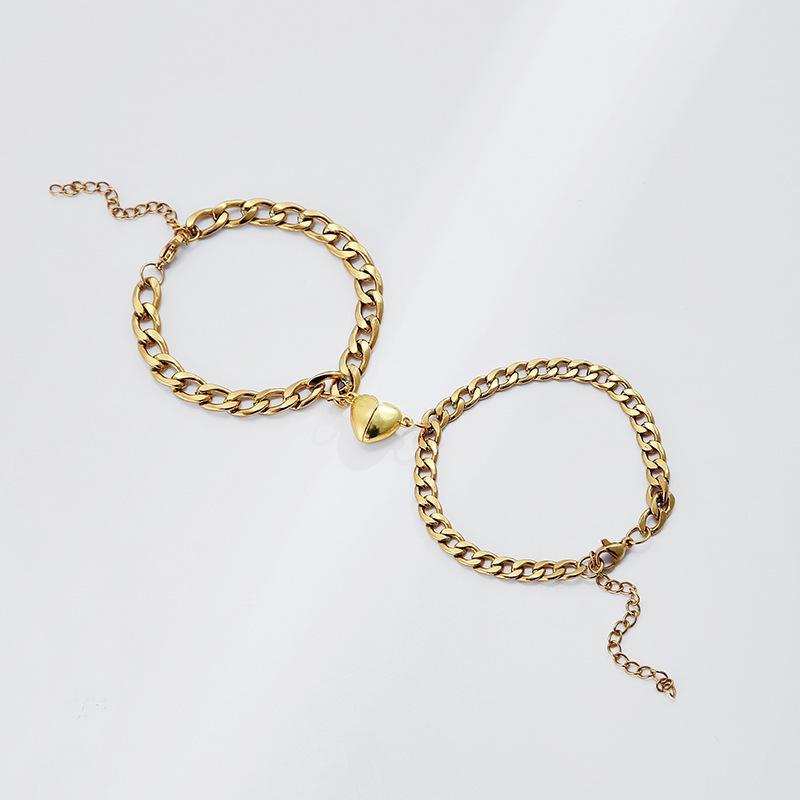 Silver & Gold-Plated  Magnet Heart Design Couple's Bracelet- 2 Pcs
