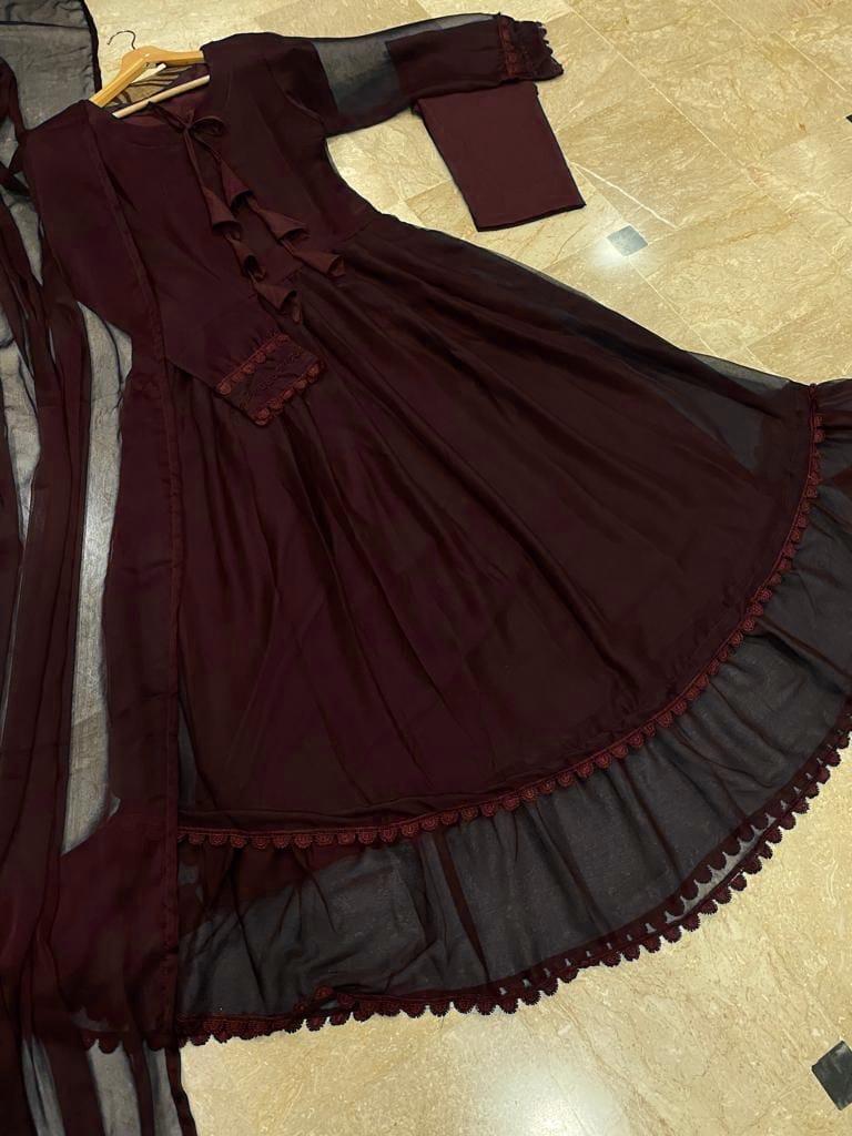 3 Pcs Women's Stitched Chiffon Embroidered Maxi Suit