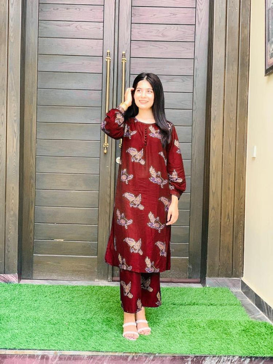 2 Pcs Women's Stitched Linen Printed Shirt And Trouser - Maroon