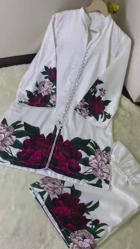 2 Pcs Women's Stitched Printed Silk Shirt And Trouser