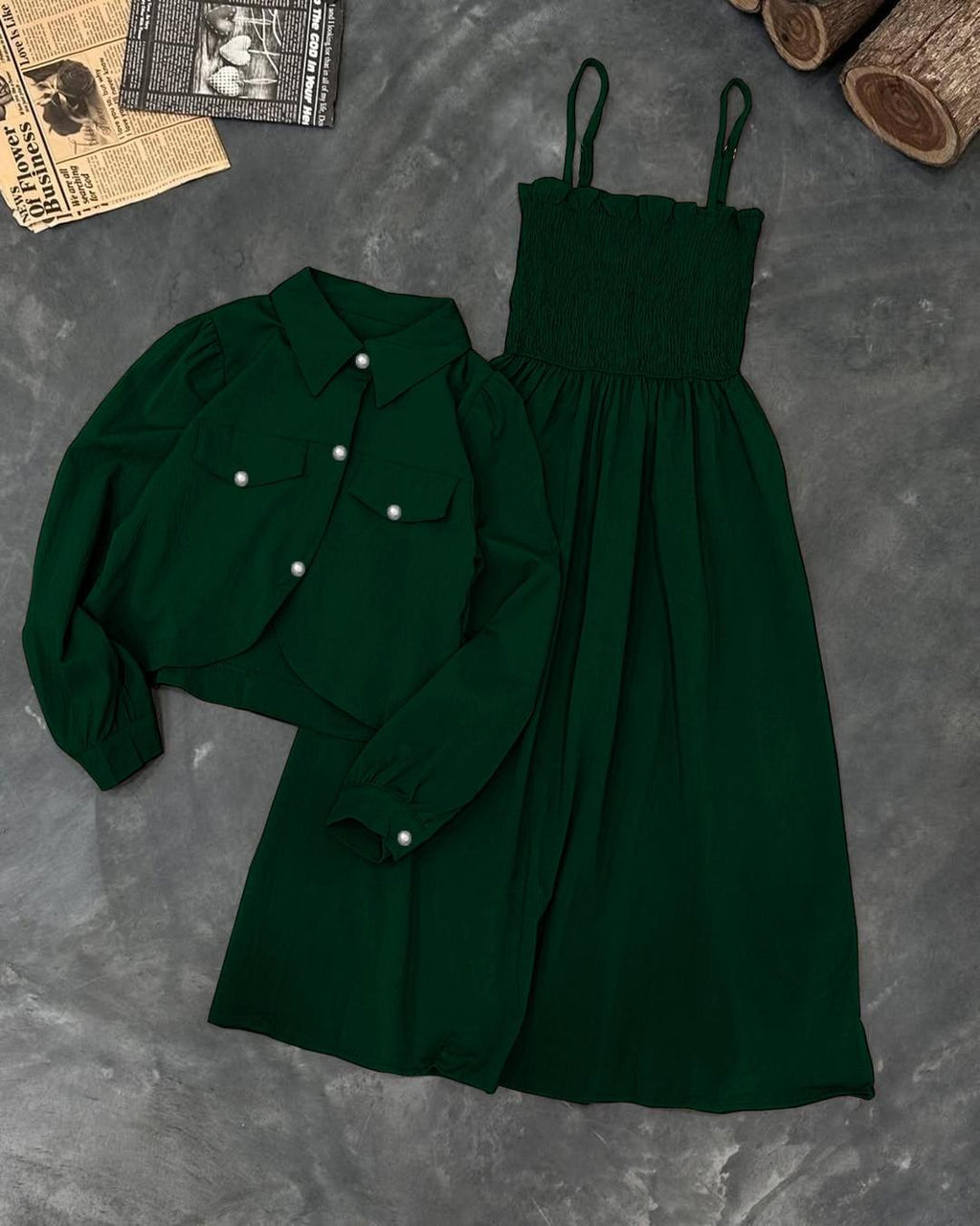 Kaaj Button Coati with Gazzer Romper Frock – 2 Piece Set
