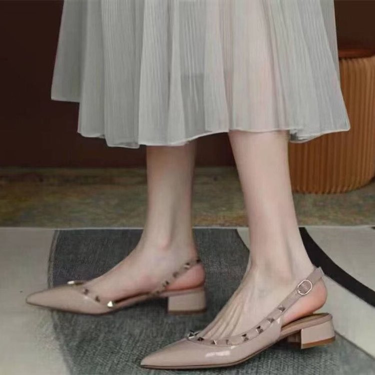 Women's 2025 Summer New Rivet French Patent Leather Women's Shoes Thick Heel Shallow Point Toe Single-layer Shoes