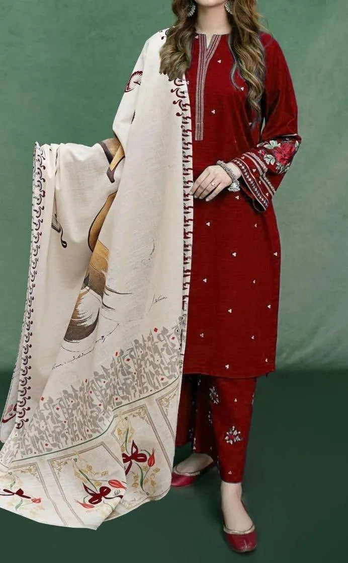 3 Pcs Women's Unstitched Embroidered Suit