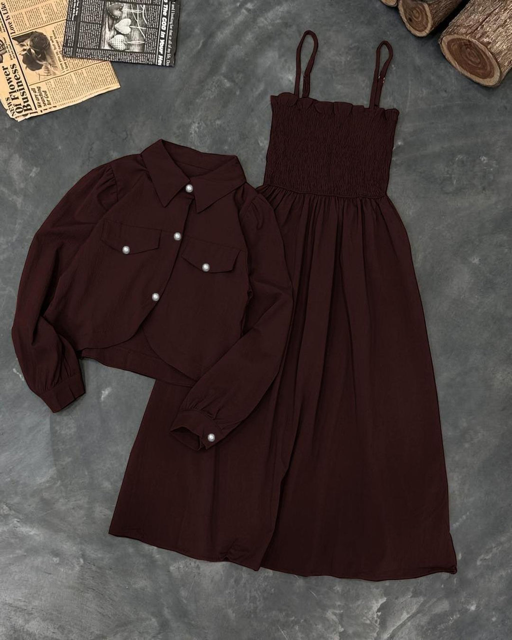 Kaaj Button Coati with Gazzer Romper Frock – 2 Piece Set