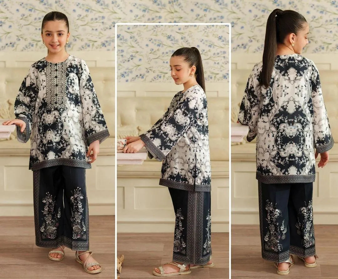 2 Pcs Girl's Lawn Printed Shirt And Trouser Suit