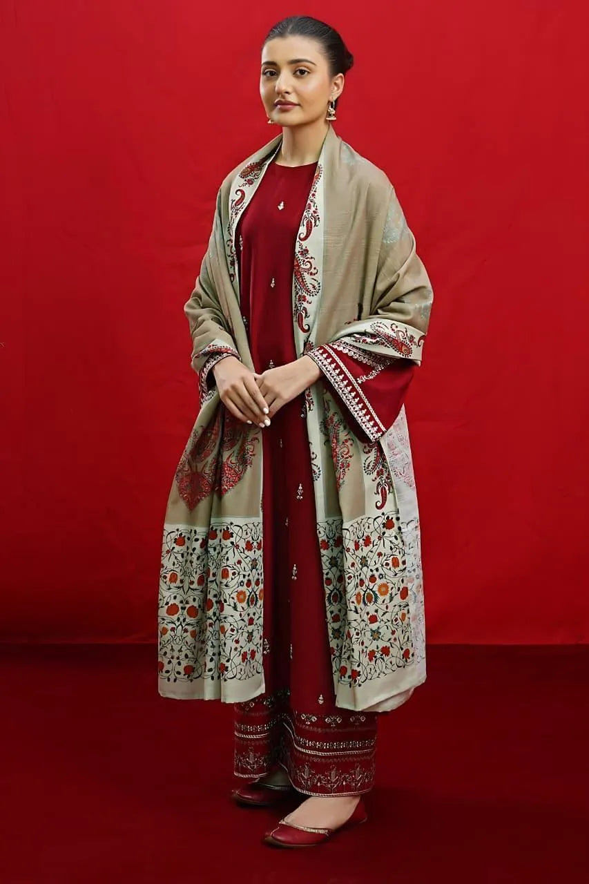 Maroon Embroidered 3 Pcs Women Suit Lawn