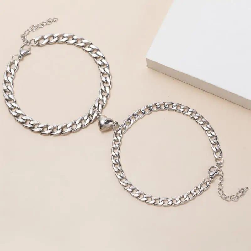 Silver & Gold-Plated  Magnet Heart Design Couple's Bracelet- 2 Pcs
