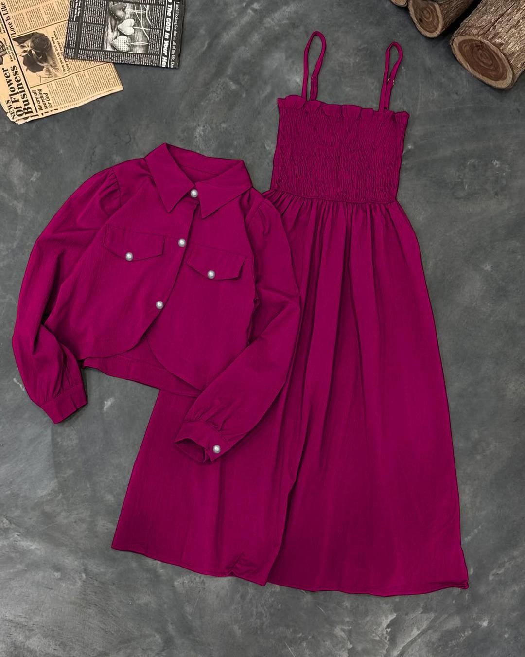 Kaaj Button Coati with Gazzer Romper Frock – 2 Piece Set