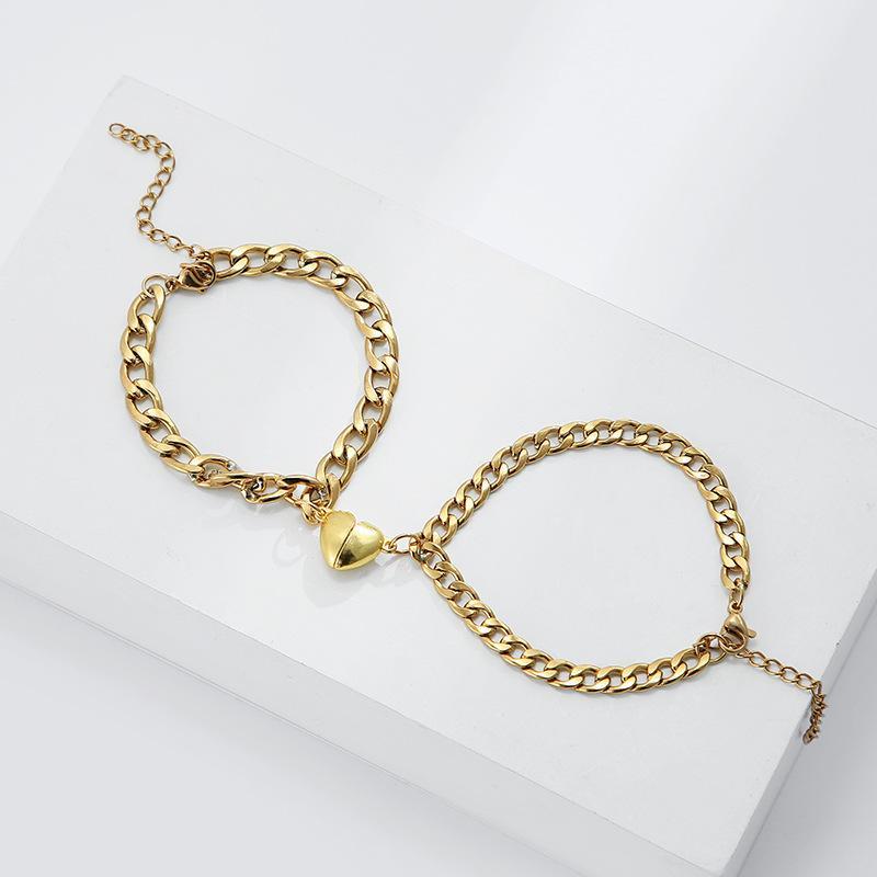 Silver & Gold-Plated  Magnet Heart Design Couple's Bracelet- 2 Pcs