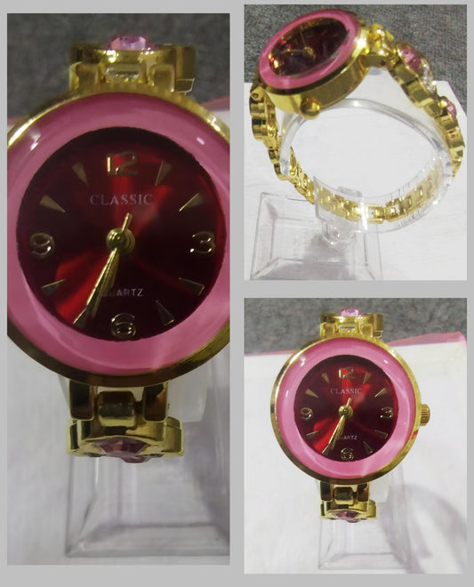 Ladies Beautiful Women’s Watch In Pink With Golden Stainless Steel Strap