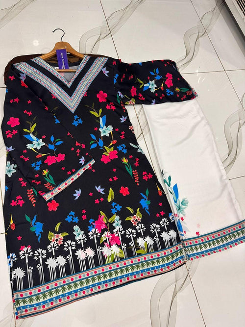 2 Pcs Women's Stitched Swiss Lawn Printed Shirt And Trouser