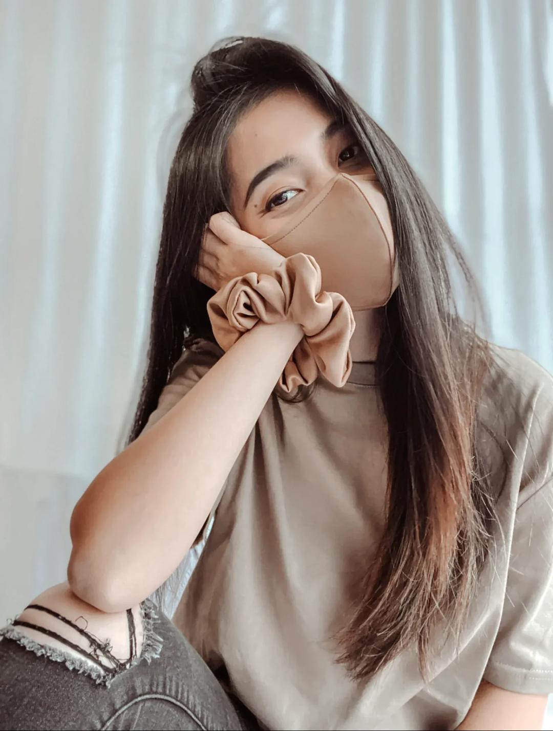 Neutral Colors Hair Scrunchies - Matching Face Mask - Reusable, Washable, fashion fitted, crease free hair chunky scrunchie