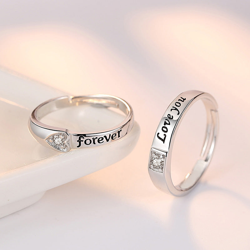 English Love Shape Eternal Zirconium Ring Open Couple Ring Live Silver Ring