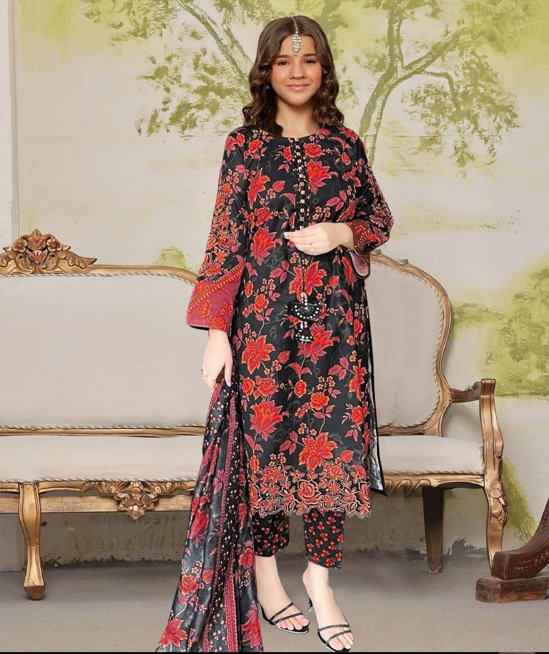 Stylish Printed Stitched Suit for Girls - 3 Pcs Set in Cotton Lawn