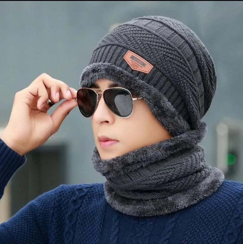 Wool Beanie and Neck Warmer Set - 2 Pcs Textured Warmth in Grey