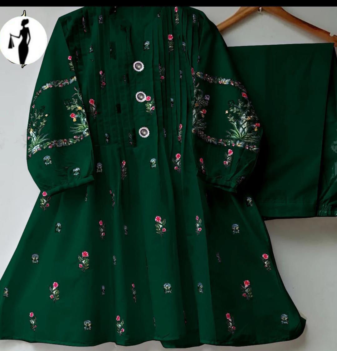 2 Pcs Women's Stitched Cotton Embroidered Shirt And Trouser