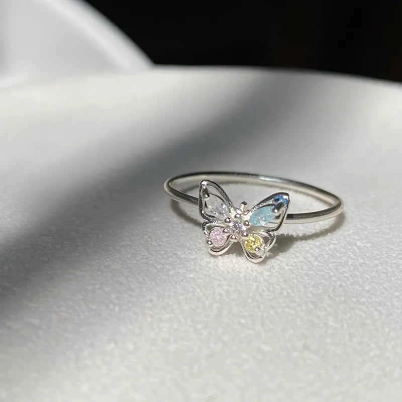 Butterfly Ring Women's Summer Atmosphere Inlaid Color Zirconium Ring Daily Simple Color Dream Butterfly Finger Ring Opening