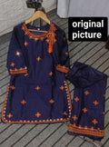 2 Pcs Women's Stitched Linen Embroidered Shirt And Trouser