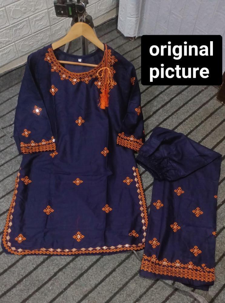 2 Pcs Women's Stitched Linen Embroidered Shirt And Trouser