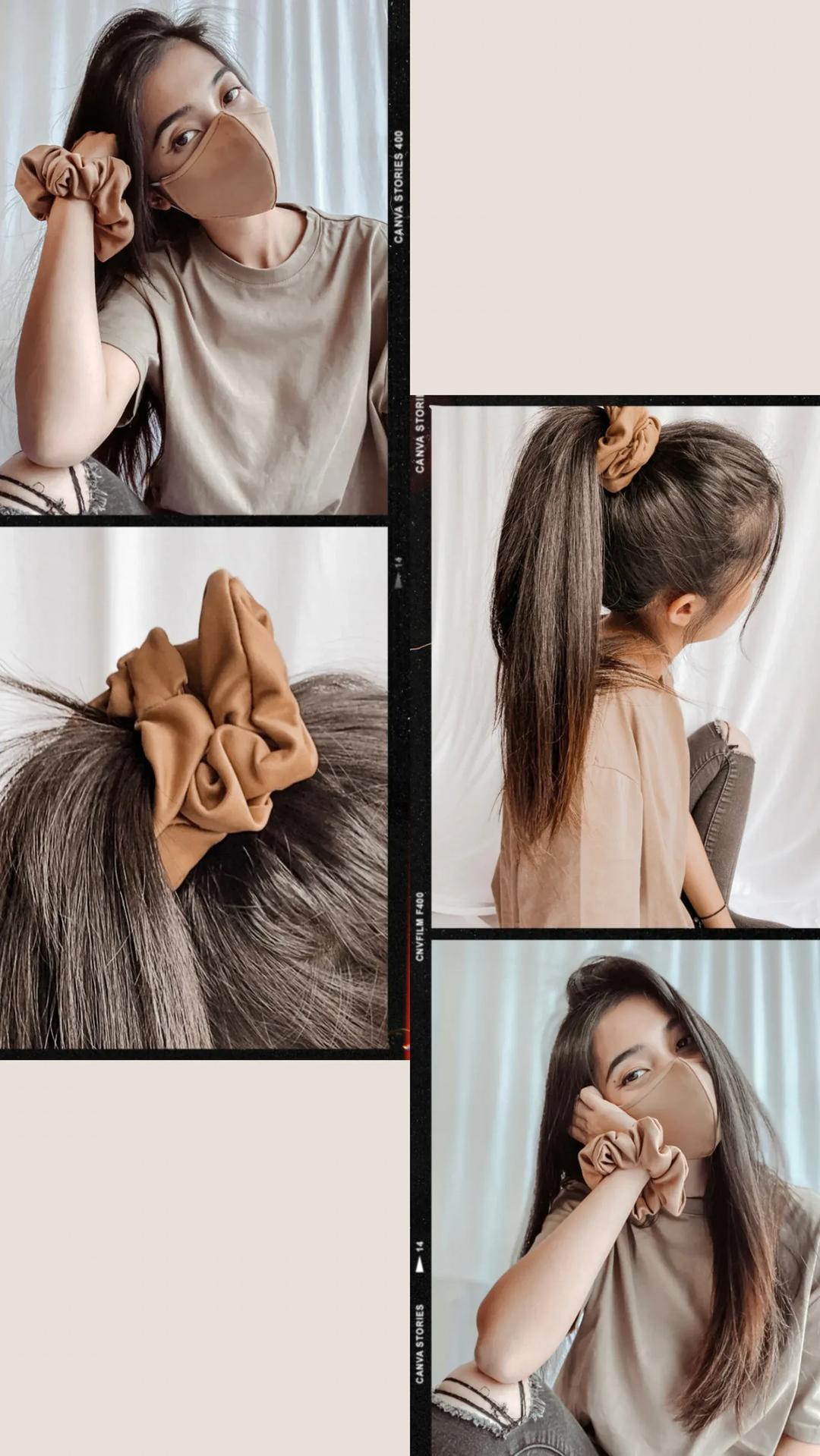 Neutral Colors Hair Scrunchies - Matching Face Mask - Reusable, Washable, fashion fitted, crease free hair chunky scrunchie
