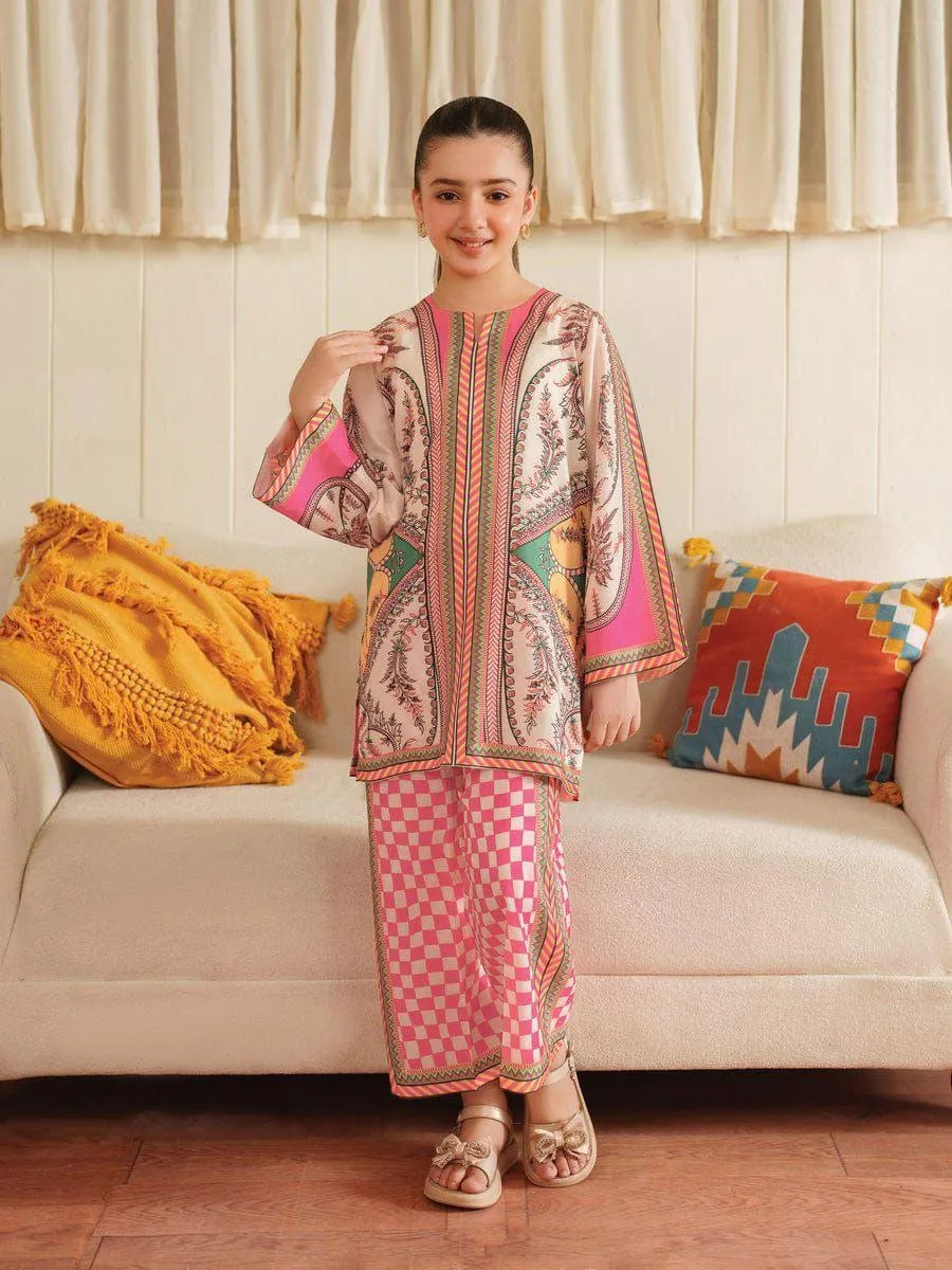 2 Pcs Girl's Arabic Lawn Printed Co-ord Set