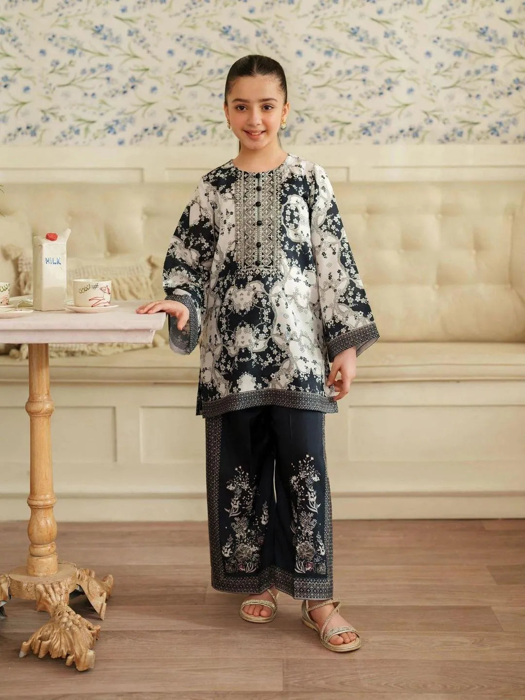 2 Pcs Girl's Lawn Printed Shirt And Trouser Suit