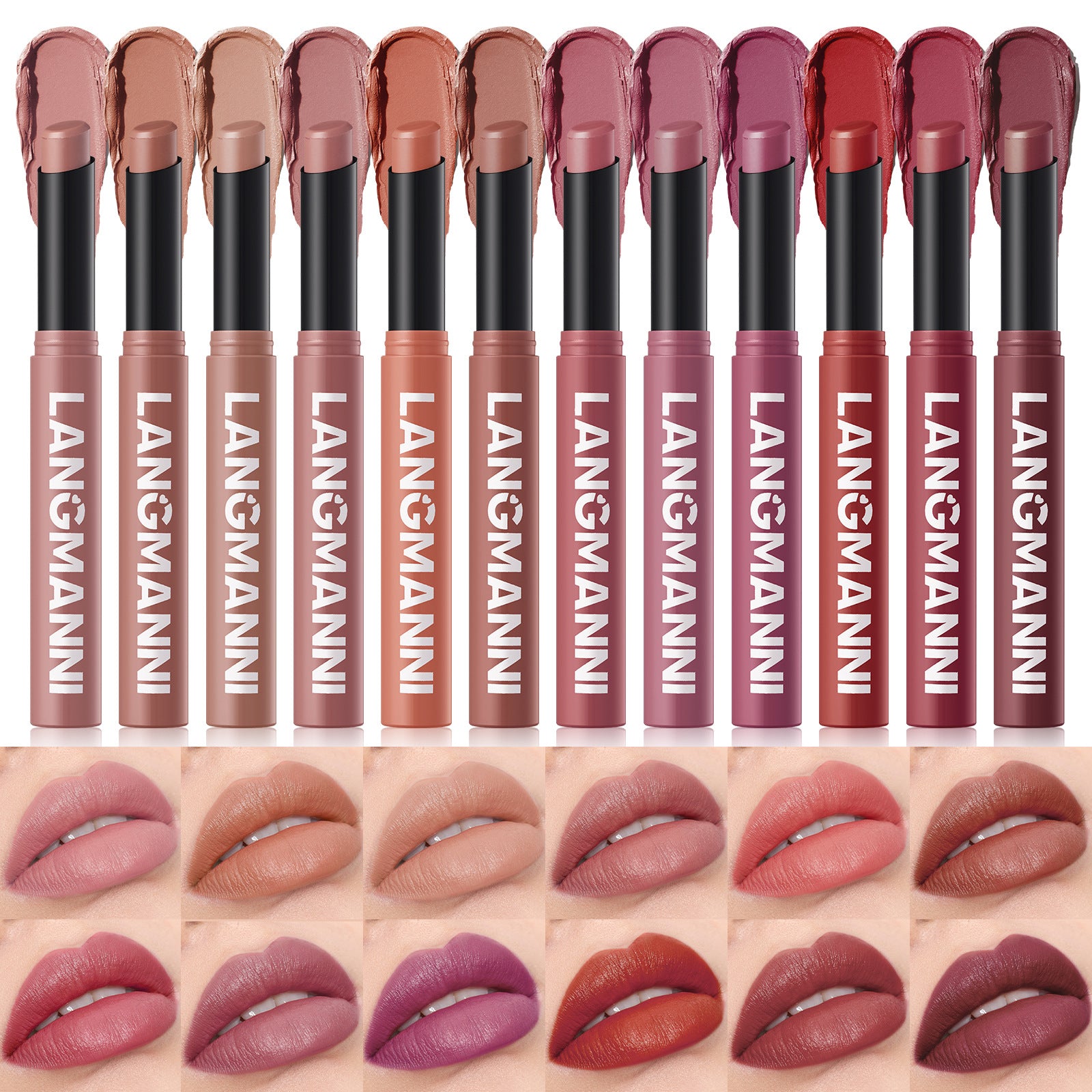 LANGMANNI new 12-color diagonal rotating matte lipstick single durable cross-border full hosting