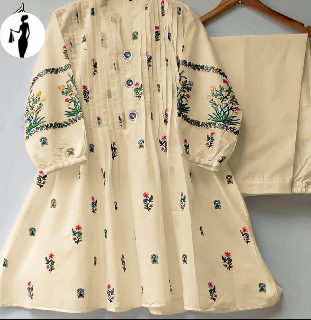 2 Pcs Women's Stitched Cotton Embroidered Shirt And Trouser