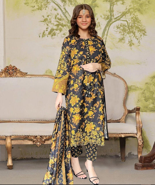 Stylish Printed Stitched Suit for Girls - 3 Pcs Set in Cotton Lawn