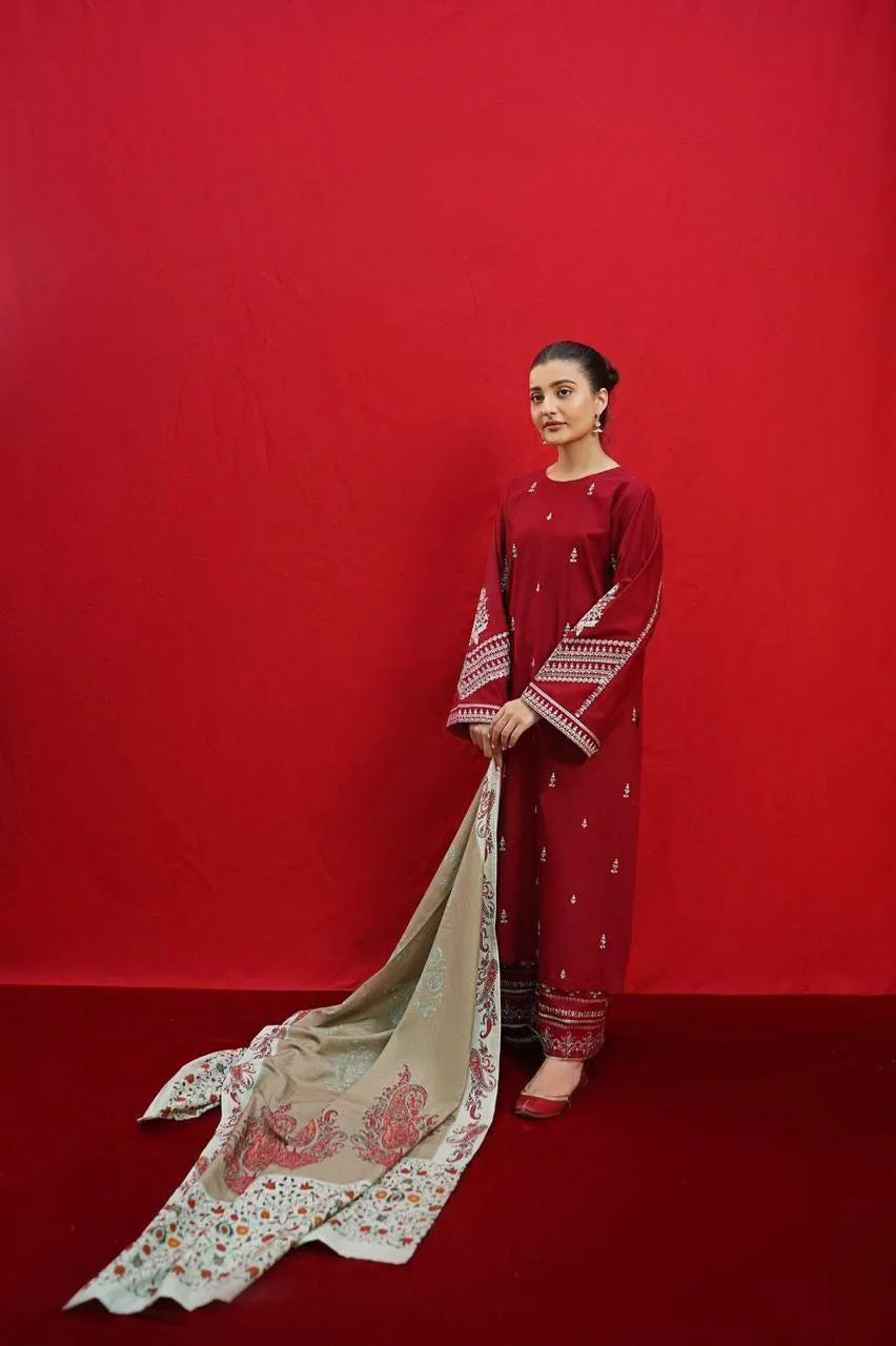 Maroon Embroidered 3 Pcs Women Suit Lawn