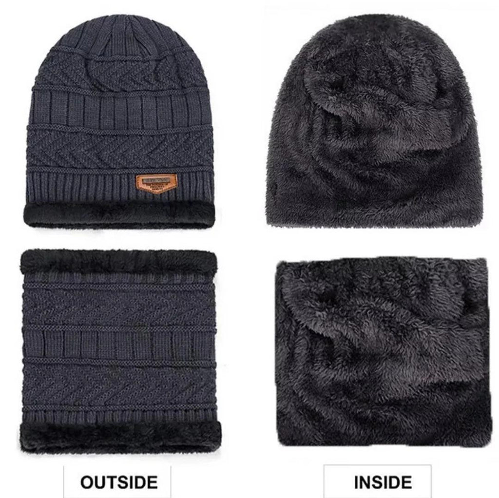 Wool Beanie and Neck Warmer Set - 2 Pcs Textured Warmth in Grey