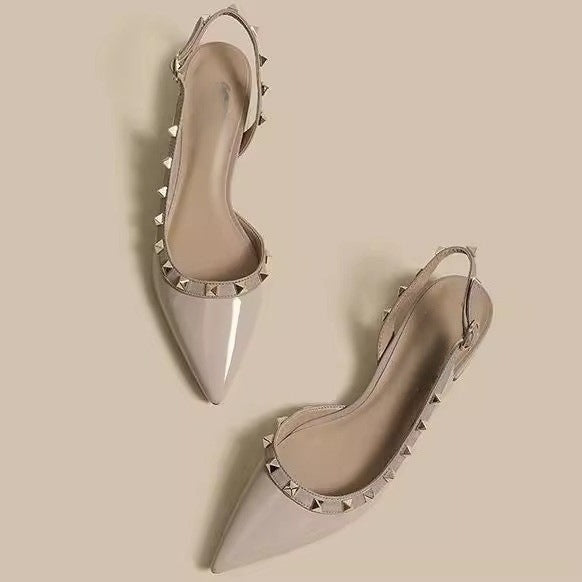 Women's 2025 Summer New Rivet French Patent Leather Women's Shoes Thick Heel Shallow Point Toe Single-layer Shoes