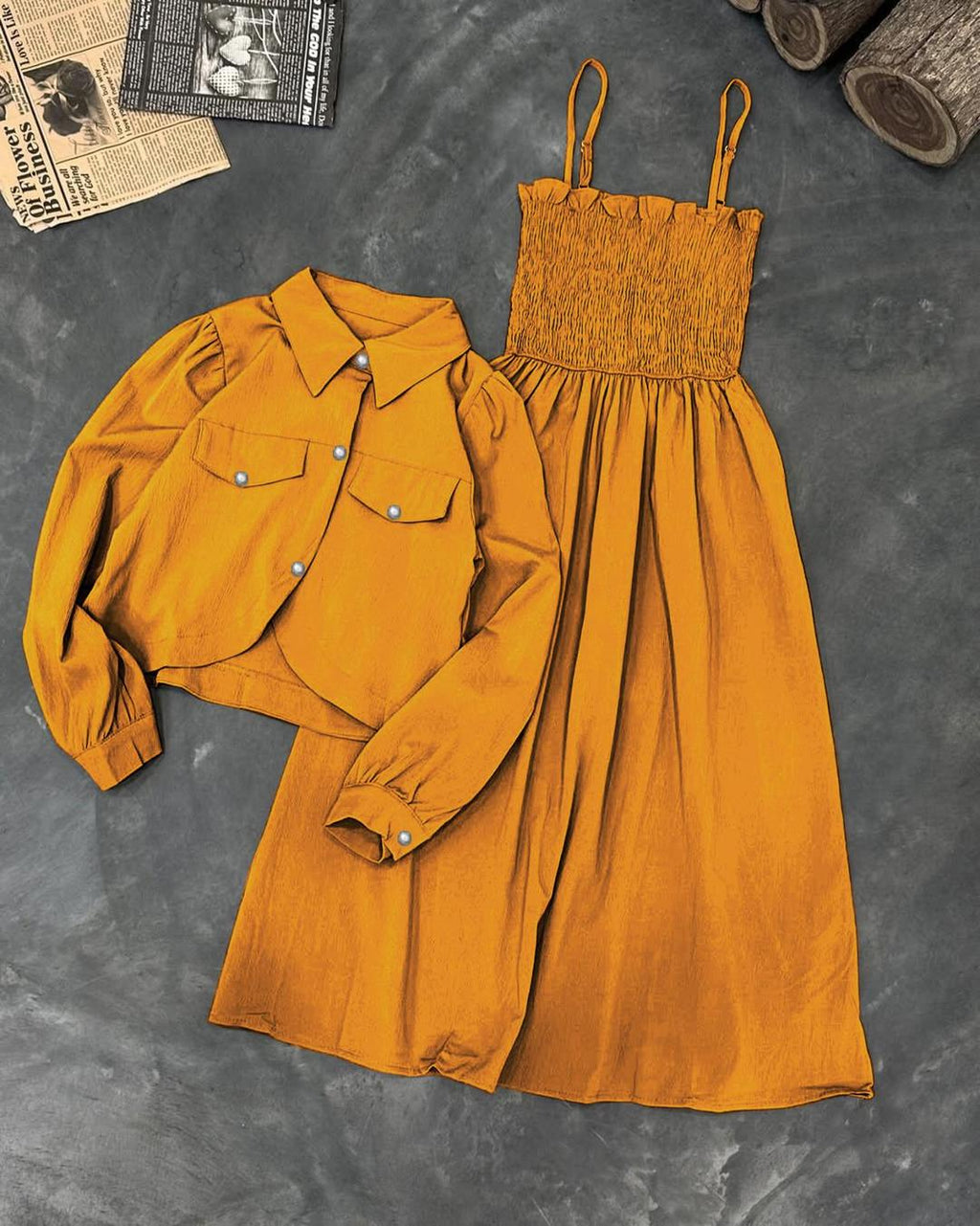 Kaaj Button Coati with Gazzer Romper Frock – 2 Piece Set