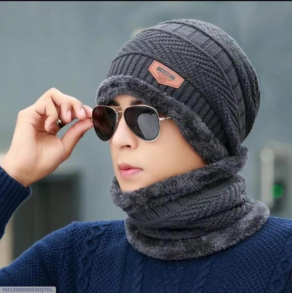 Wool Beanie and Neck Warmer Set - 2 Pcs Textured Warmth in Grey