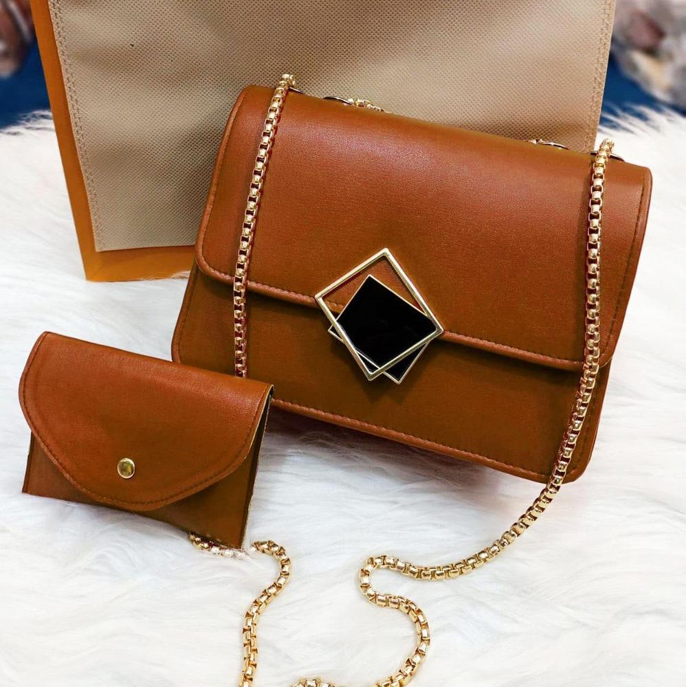 2 Pcs PU Leather Hand Bag With Long Golden Chain For Girls