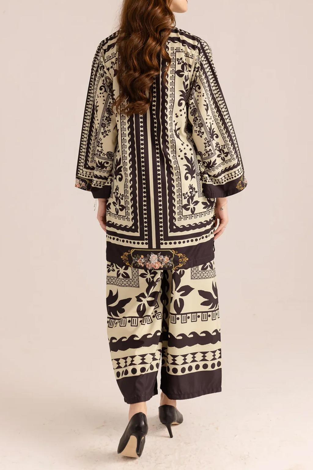 Stylish Printed V-Neck Shirt and Plain Trouser Set - 2 Pcs for Women