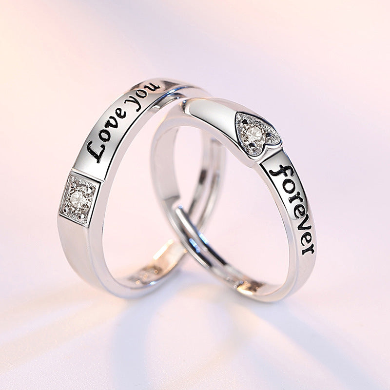English Love Shape Eternal Zirconium Ring Open Couple Ring Live Silver Ring