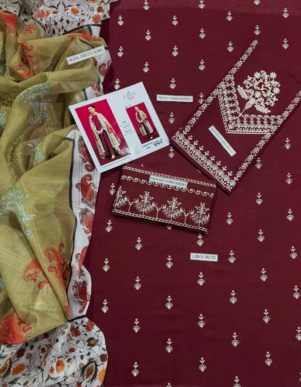 Maroon Embroidered 3 Pcs Women Suit Lawn