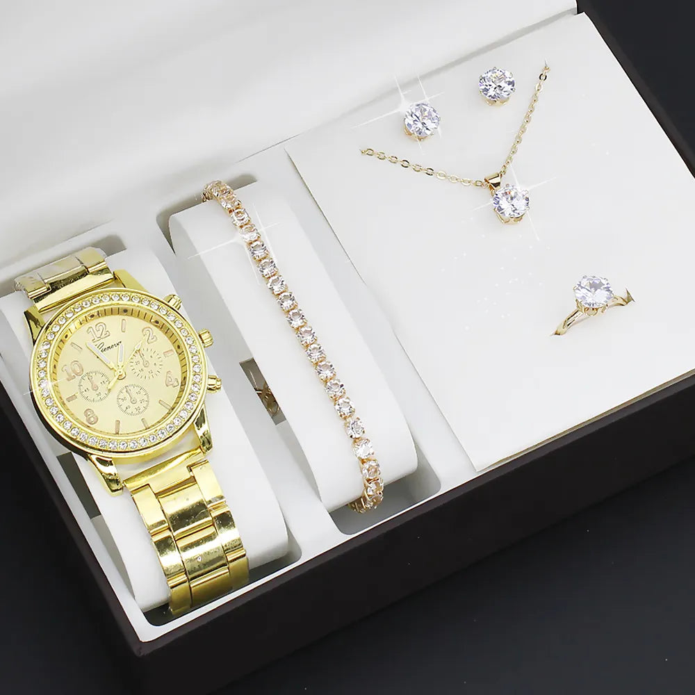 watch 5pcs/set new watch women's fashion quartz watch + jewelry suit foreign trade watch wholesale