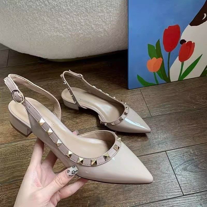Women's 2025 Summer New Rivet French Patent Leather Women's Shoes Thick Heel Shallow Point Toe Single-layer Shoes