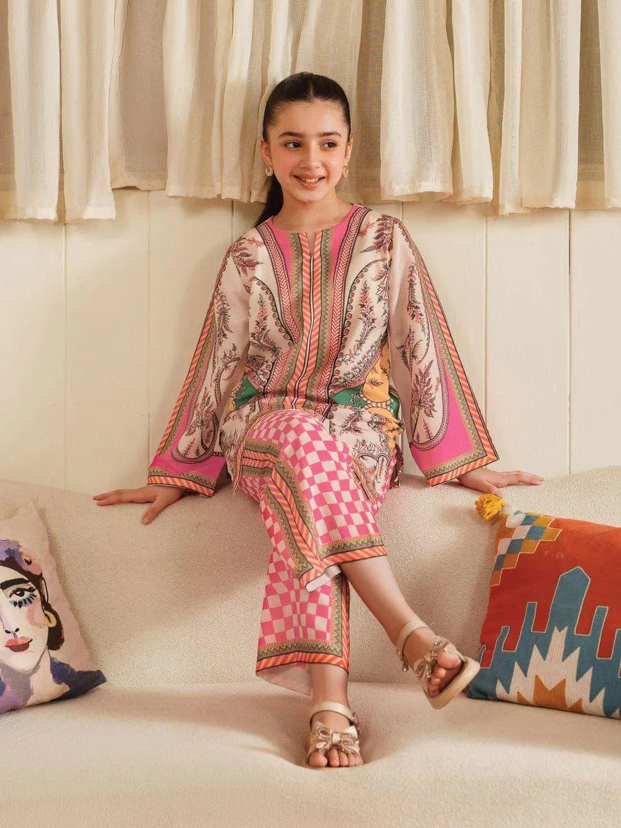 2 Pcs Girl's Arabic Lawn Printed Co-ord Set